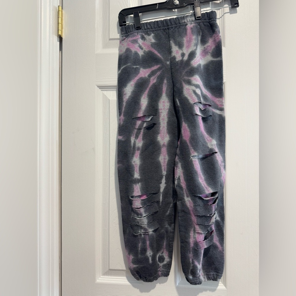 Girls Tie-Dye Ripped Joggers - Gray and Pink